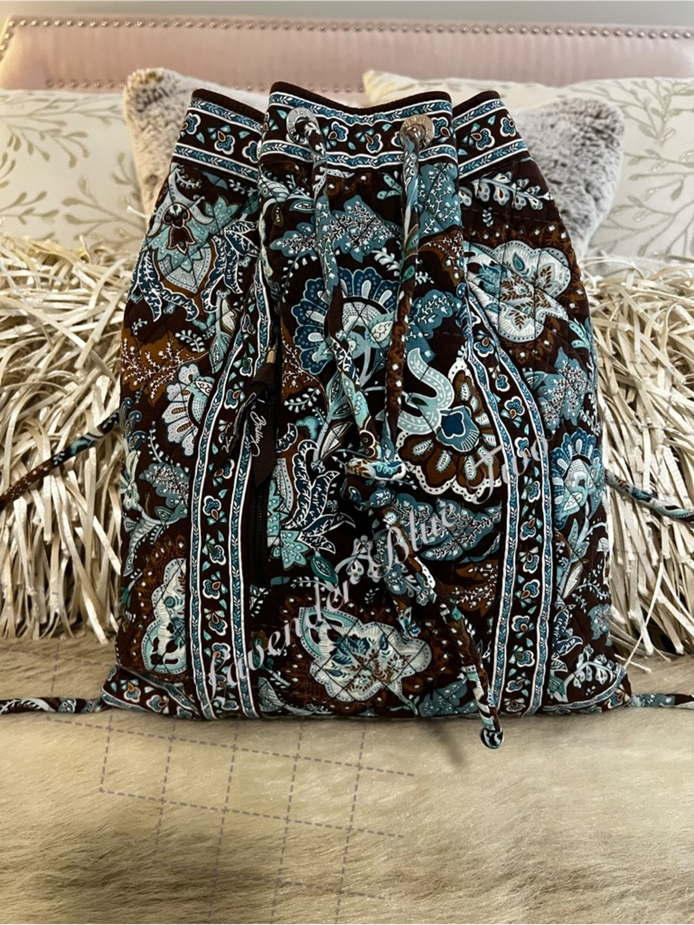 Vintage VERA BRADLEY Java Blue 2008 Drawstring Zipper Front Backpack Y2K Brown